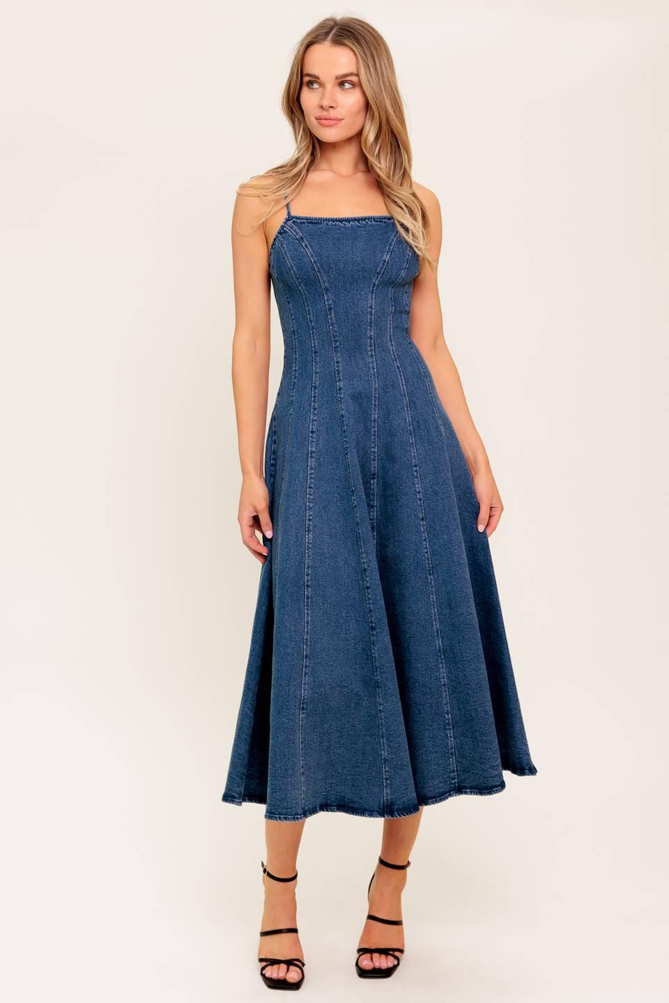 Vanilla Cove Denim Midi Dress in medium indigo, view 3 — Soul Flow Apparel