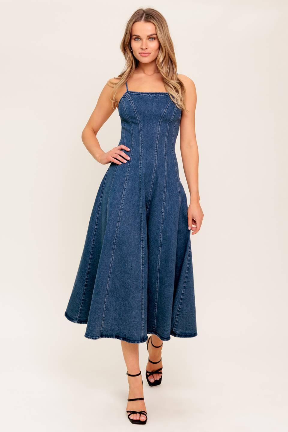 Vanilla Cove Denim Midi Dress in medium indigo, view 4 — Soul Flow Apparel