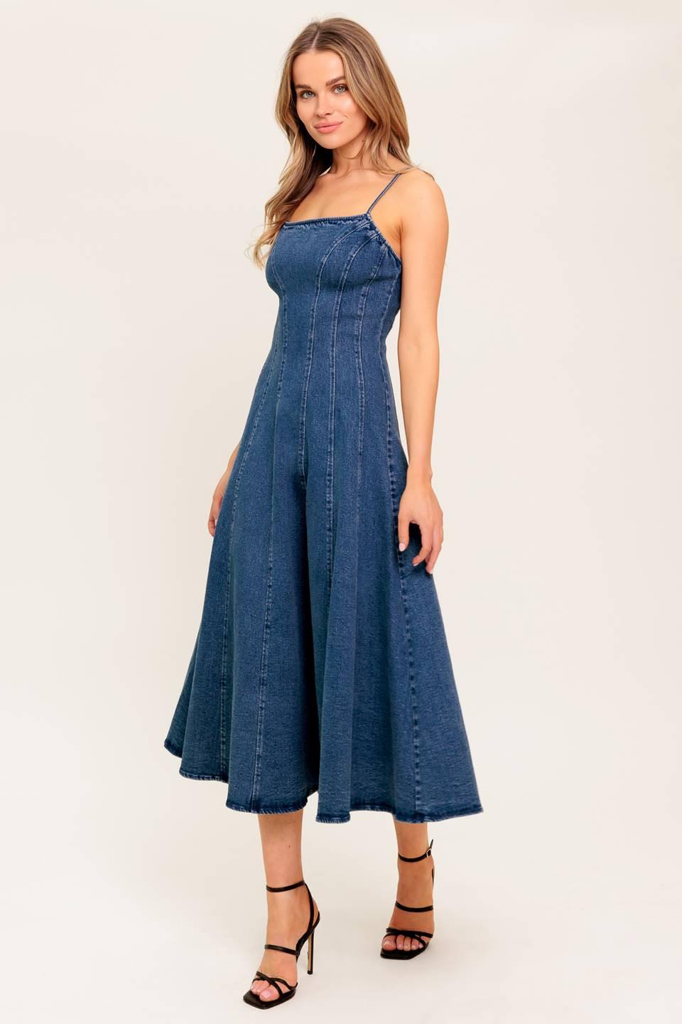 Vanilla Cove Denim Midi Dress in medium indigo, view 6 — Soul Flow Apparel