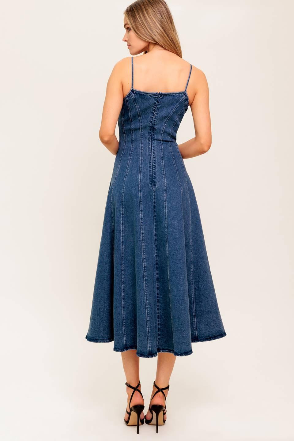 Vanilla Cove Denim Midi Dress in medium indigo, view 7 — Soul Flow Apparel