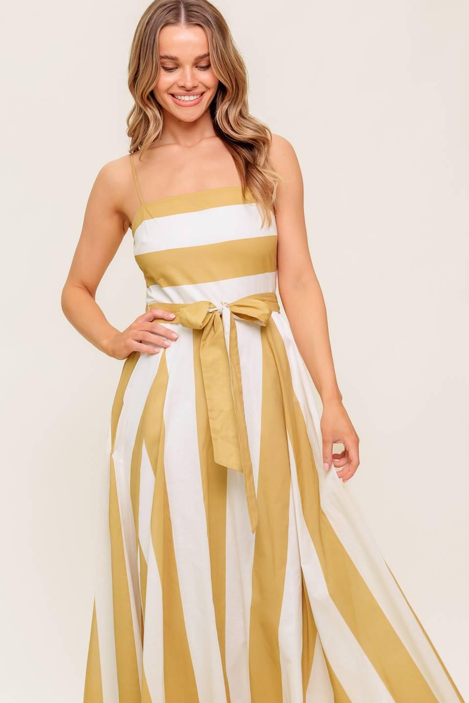 Soft Horizon Taupe Woven Midi Dress in ivory, view 1 — Soul Flow Apparel