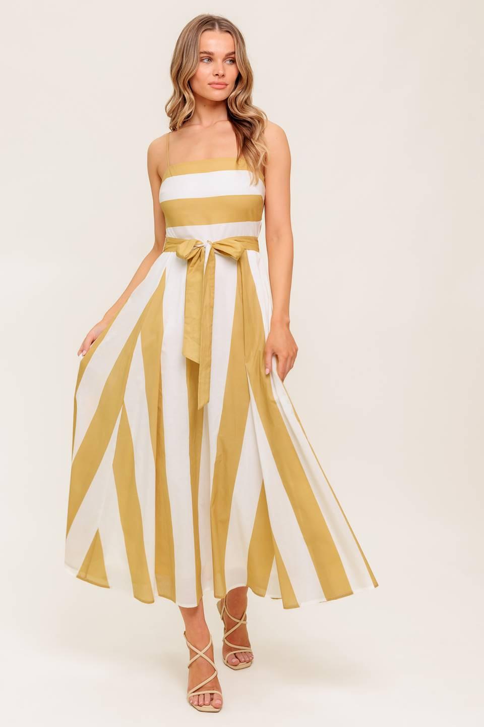 Soft Horizon Taupe Woven Midi Dress in ivory, view 2 — Soul Flow Apparel