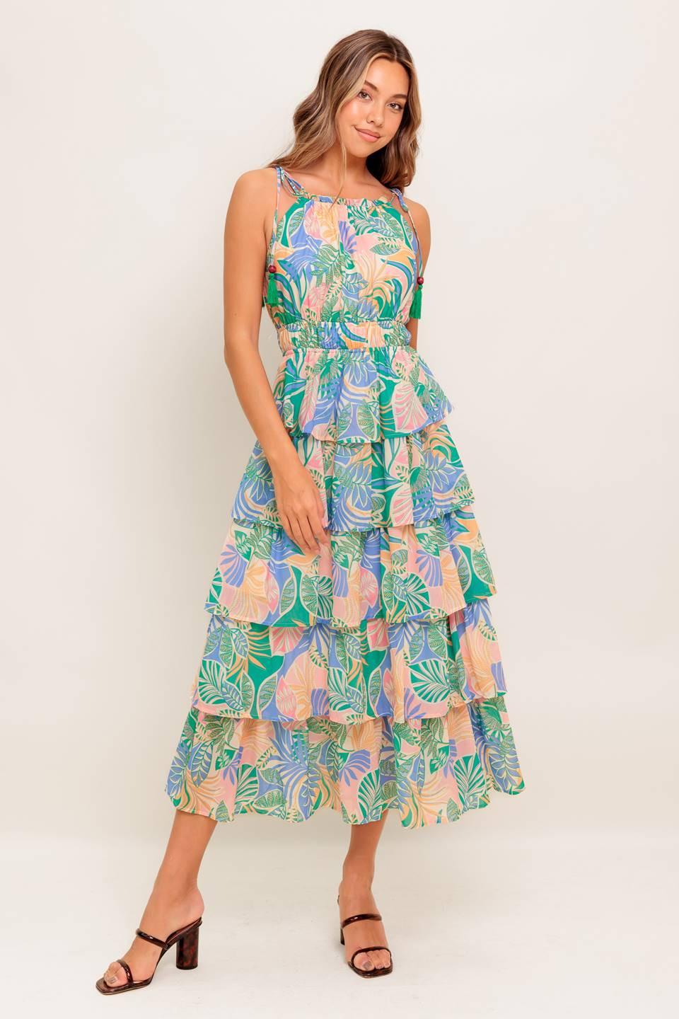 Cabana Dreams Woven Midi Dress in green periwinkle, view 1 — Soul Flow Apparel
