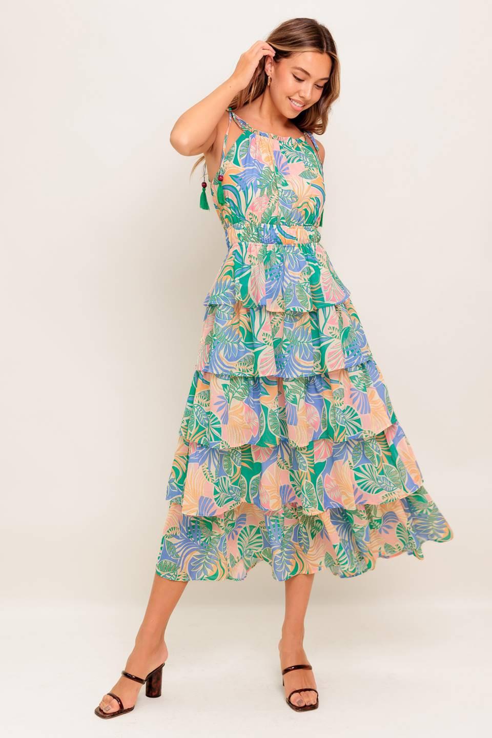 Cabana Dreams Woven Midi Dress in green periwinkle, view 2 — Soul Flow Apparel
