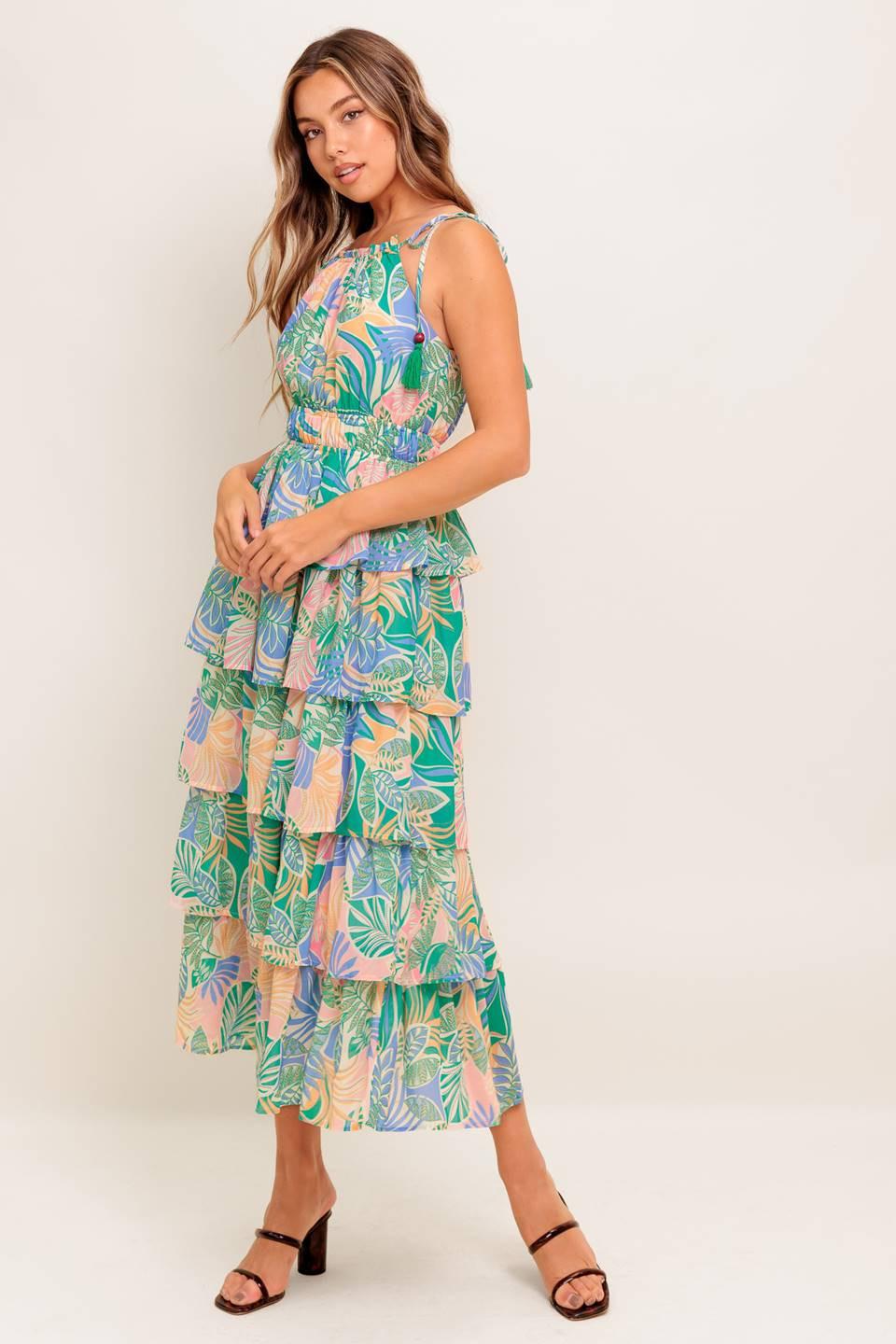 Cabana Dreams Woven Midi Dress in green periwinkle, view 3 — Soul Flow Apparel
