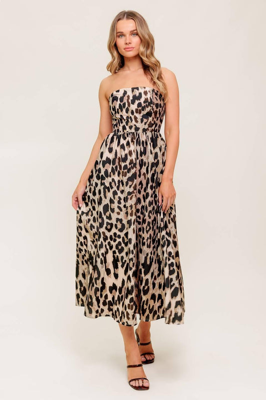 Flutter Glow Ballet Woven Midi Dress in taupe, view 2 — Soul Flow Apparel