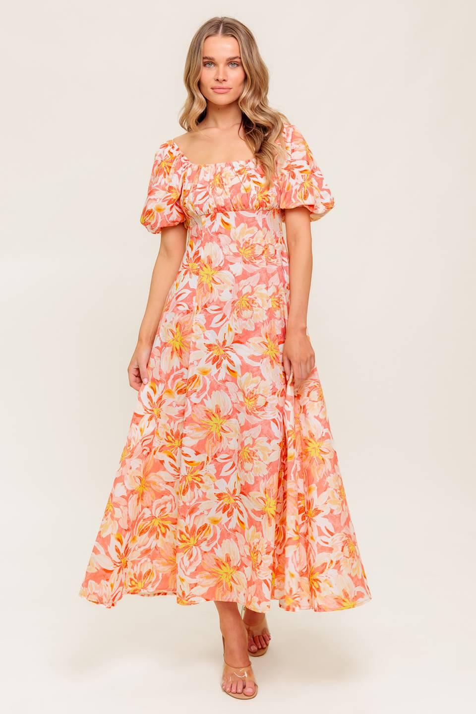 Ocean Florals Coral Woven Midi Dress, view 1 — Soul Flow Apparel
