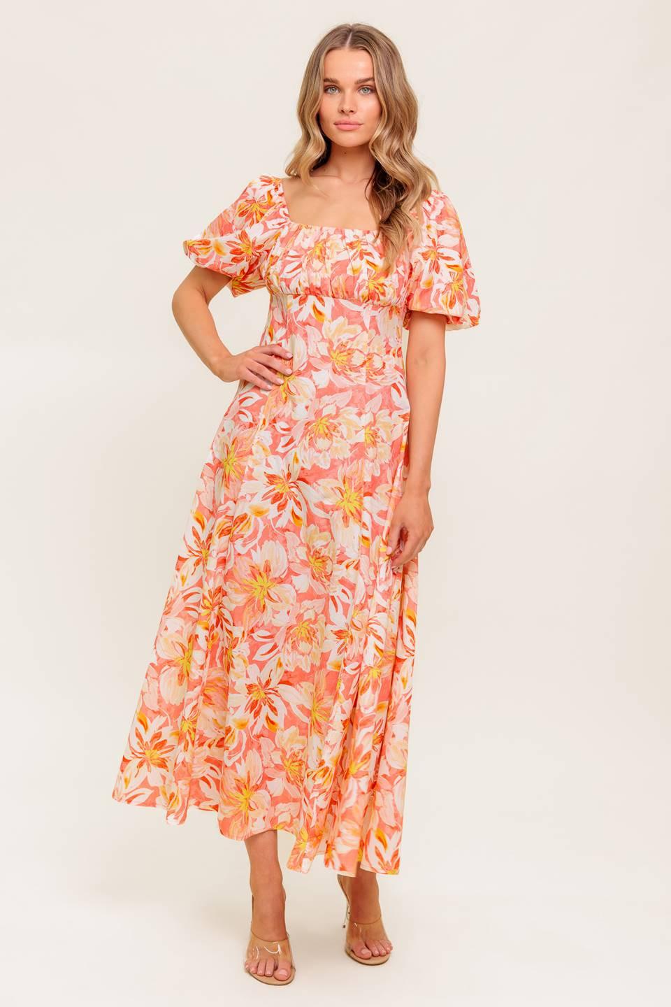Ocean Florals Coral Woven Midi Dress, view 2 — Soul Flow Apparel