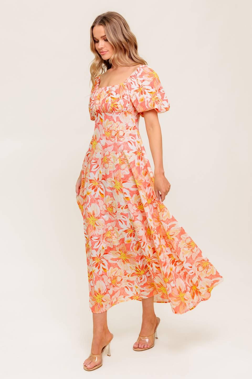 Ocean Florals Coral Woven Midi Dress, view 3 — Soul Flow Apparel