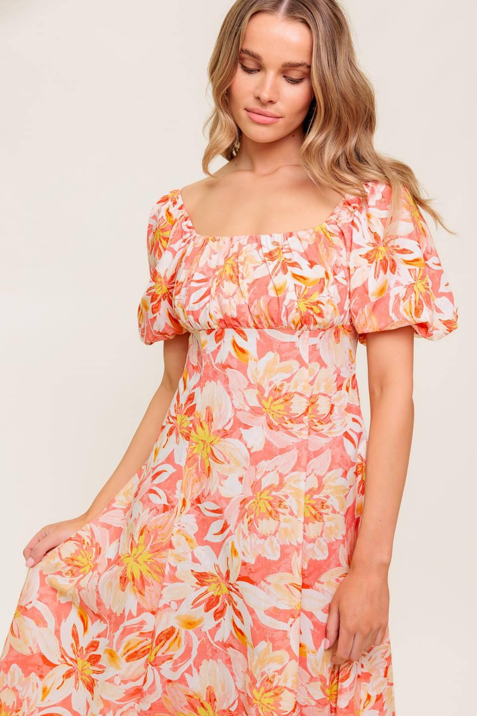 Ocean Florals Coral Woven Midi Dress, view 4 — Soul Flow Apparel