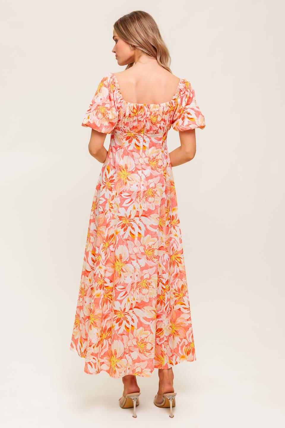 Ocean Florals Coral Woven Midi Dress, view 5 — Soul Flow Apparel