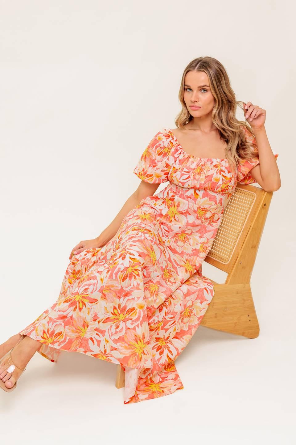 Ocean Florals Coral Woven Midi Dress, view 6 — Soul Flow Apparel