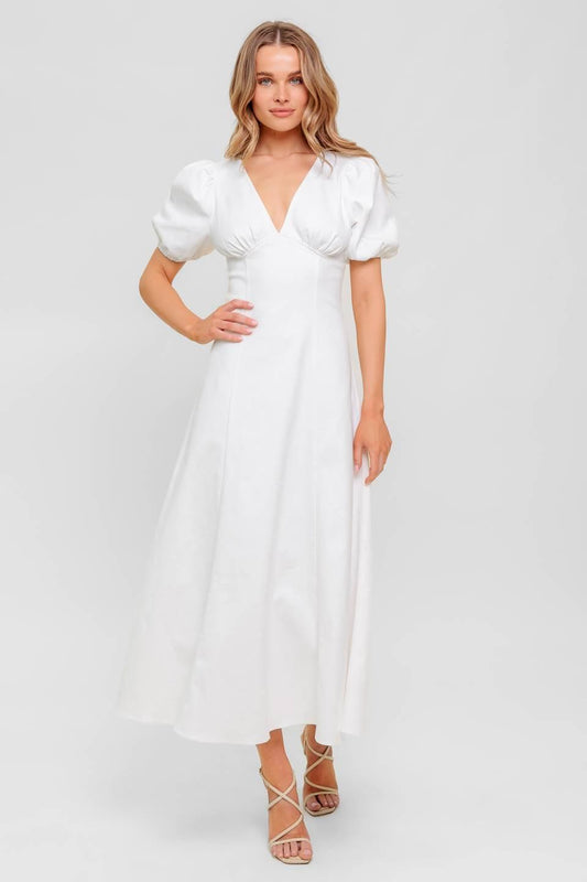 Secret Vine Glow Woven Twill Midi Dress in white denim, view 1 — Soul Flow Apparel