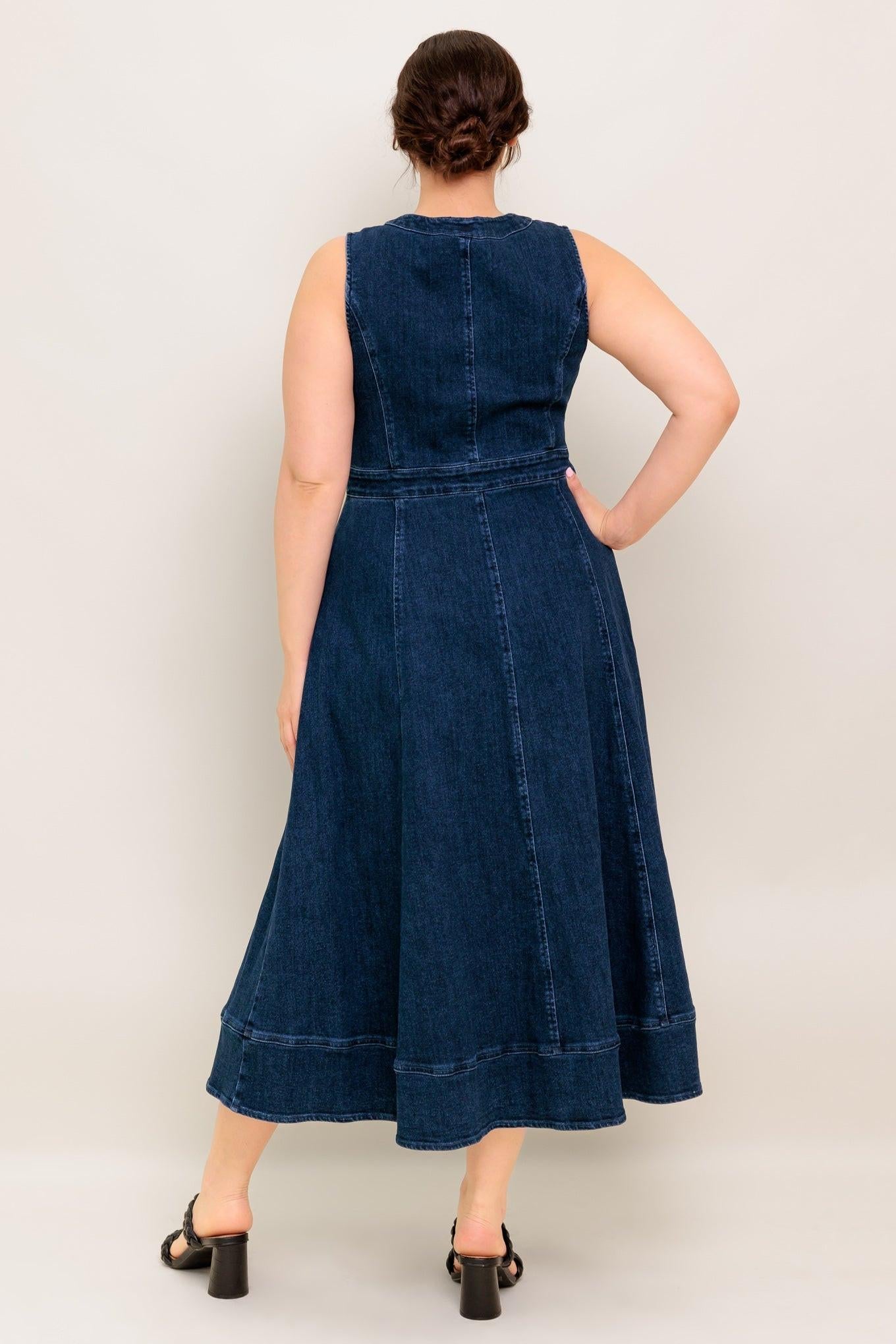Raw Beauty Denim Midi Dress in medium indigo, view 9 — Soul Flow Apparel