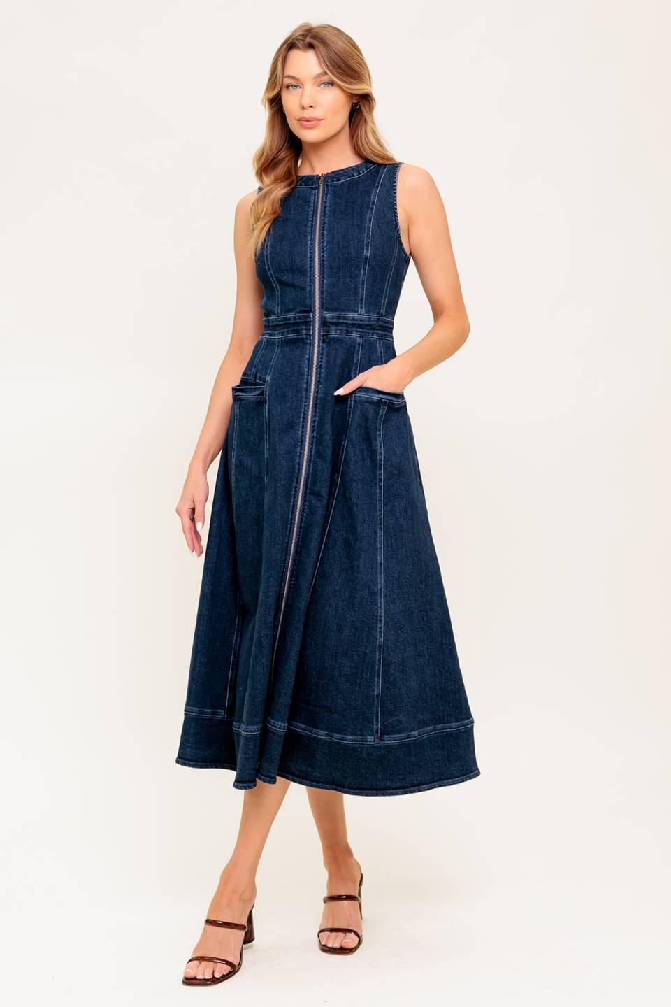 Raw Beauty Denim Midi Dress in medium indigo, view 1 — Soul Flow Apparel