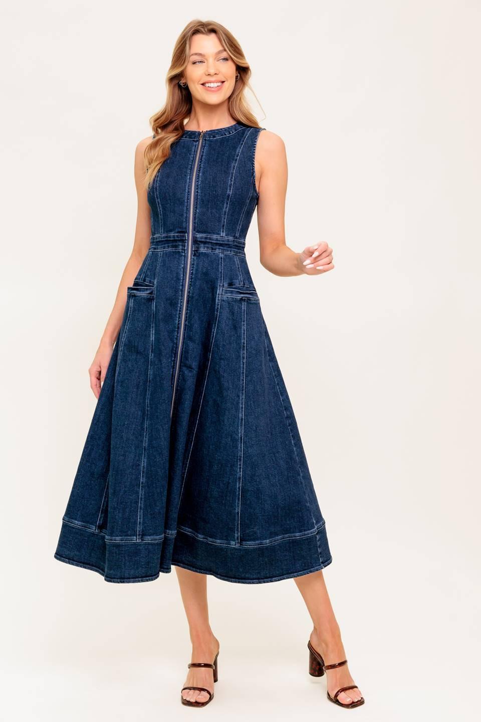 Raw Beauty Denim Midi Dress in medium indigo, view 2 — Soul Flow Apparel