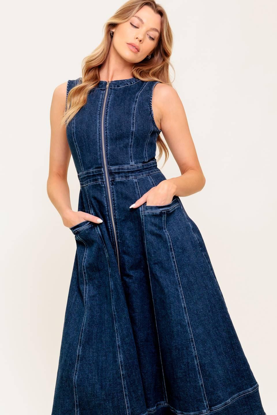 Raw Beauty Denim Midi Dress in medium indigo, view 3 — Soul Flow Apparel