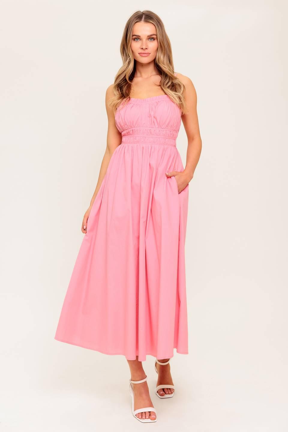 Honey Sunset Pink Woven Midi Dress, view 1 — Soul Flow Apparel