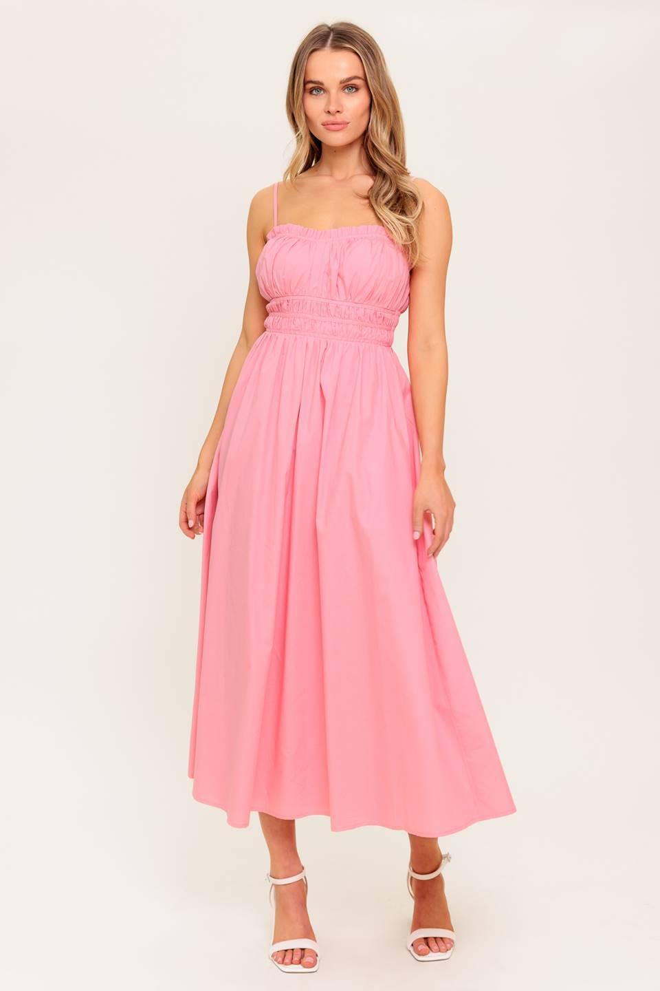 Honey Sunset Pink Woven Midi Dress, view 2 — Soul Flow Apparel