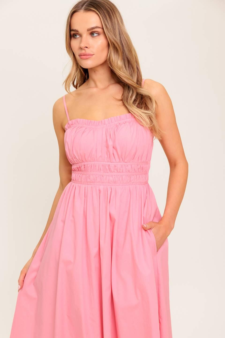 Honey Sunset Pink Woven Midi Dress, view 3 — Soul Flow Apparel
