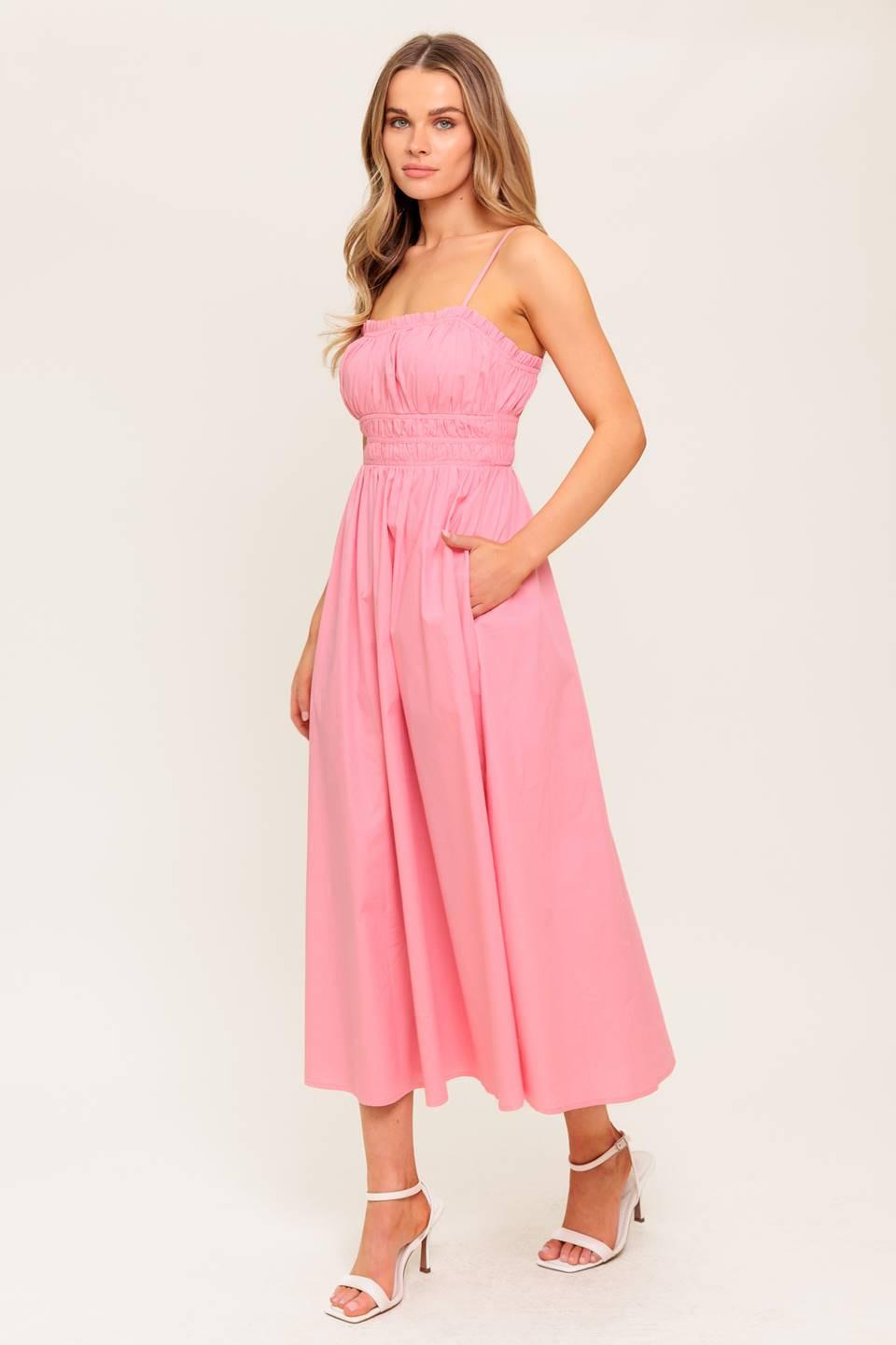 Honey Sunset Pink Woven Midi Dress, view 5 — Soul Flow Apparel
