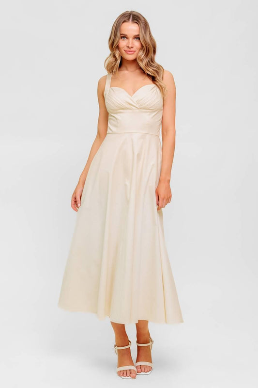 Ocean Sheen Tender Cream Woven Midi Dress, view 3 — Soul Flow Apparel