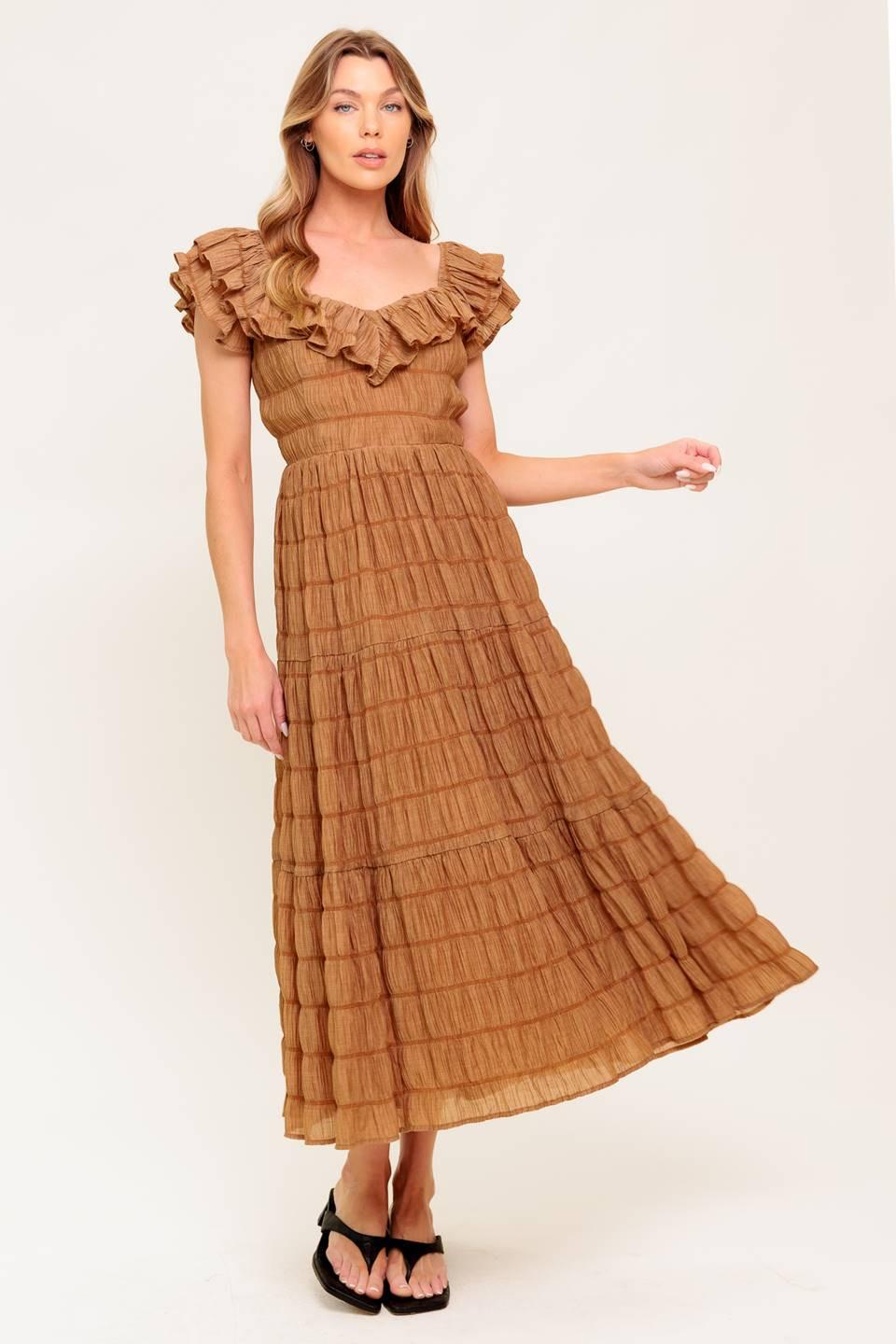 Natural Balance Woven Midi Dress in brown, view 1 — Soul Flow Apparel