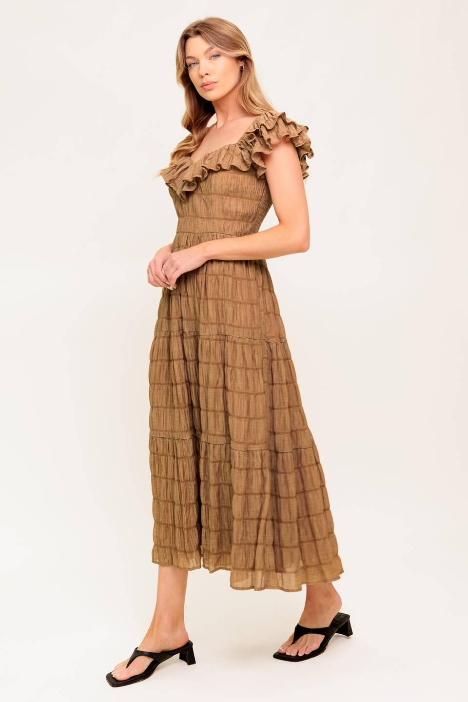 Natural Balance Woven Midi Dress in brown, view 2 — Soul Flow Apparel