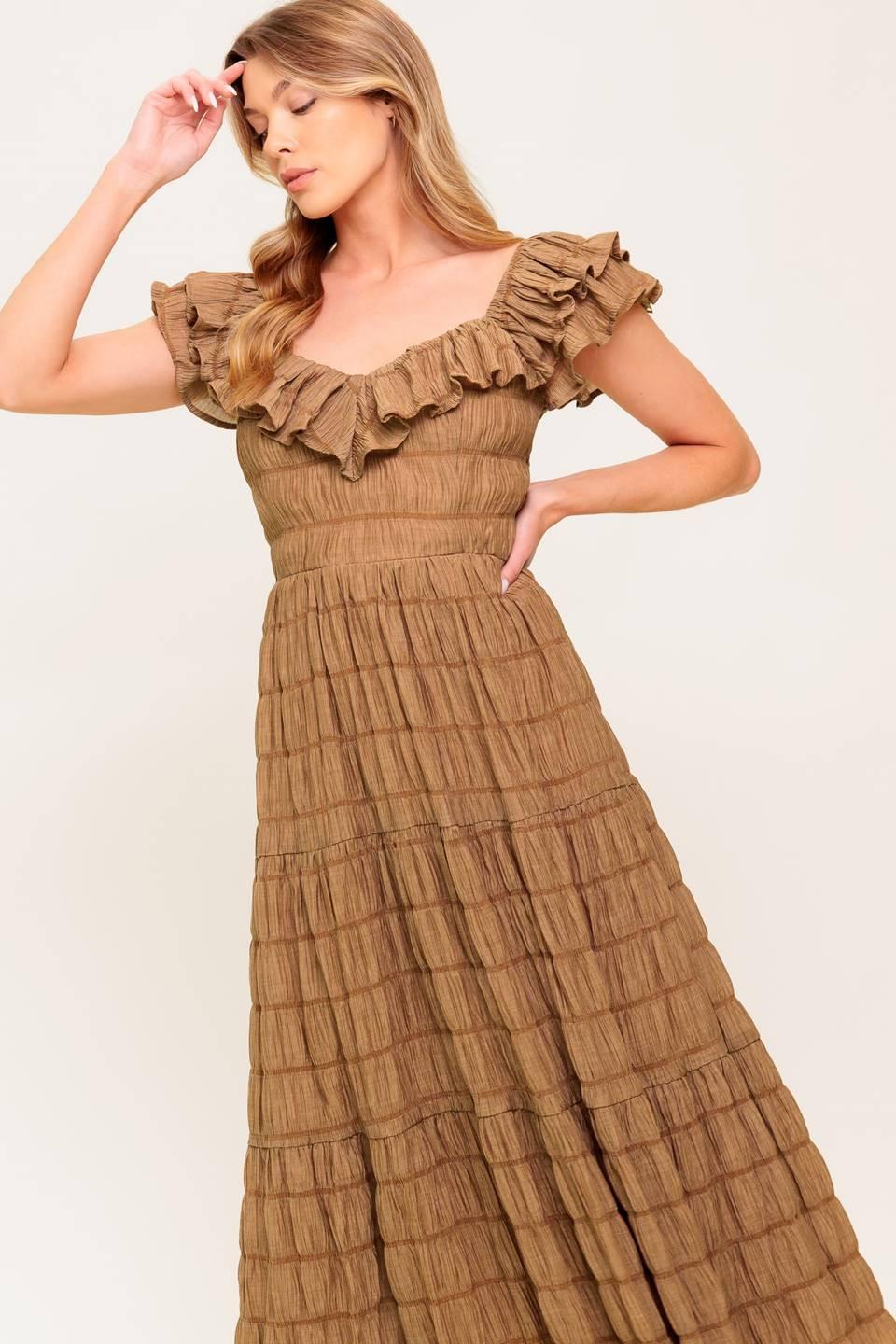 Natural Balance Woven Midi Dress in brown, view 3 — Soul Flow Apparel
