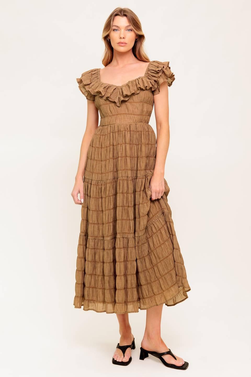 Natural Balance Woven Midi Dress in brown, view 4 — Soul Flow Apparel