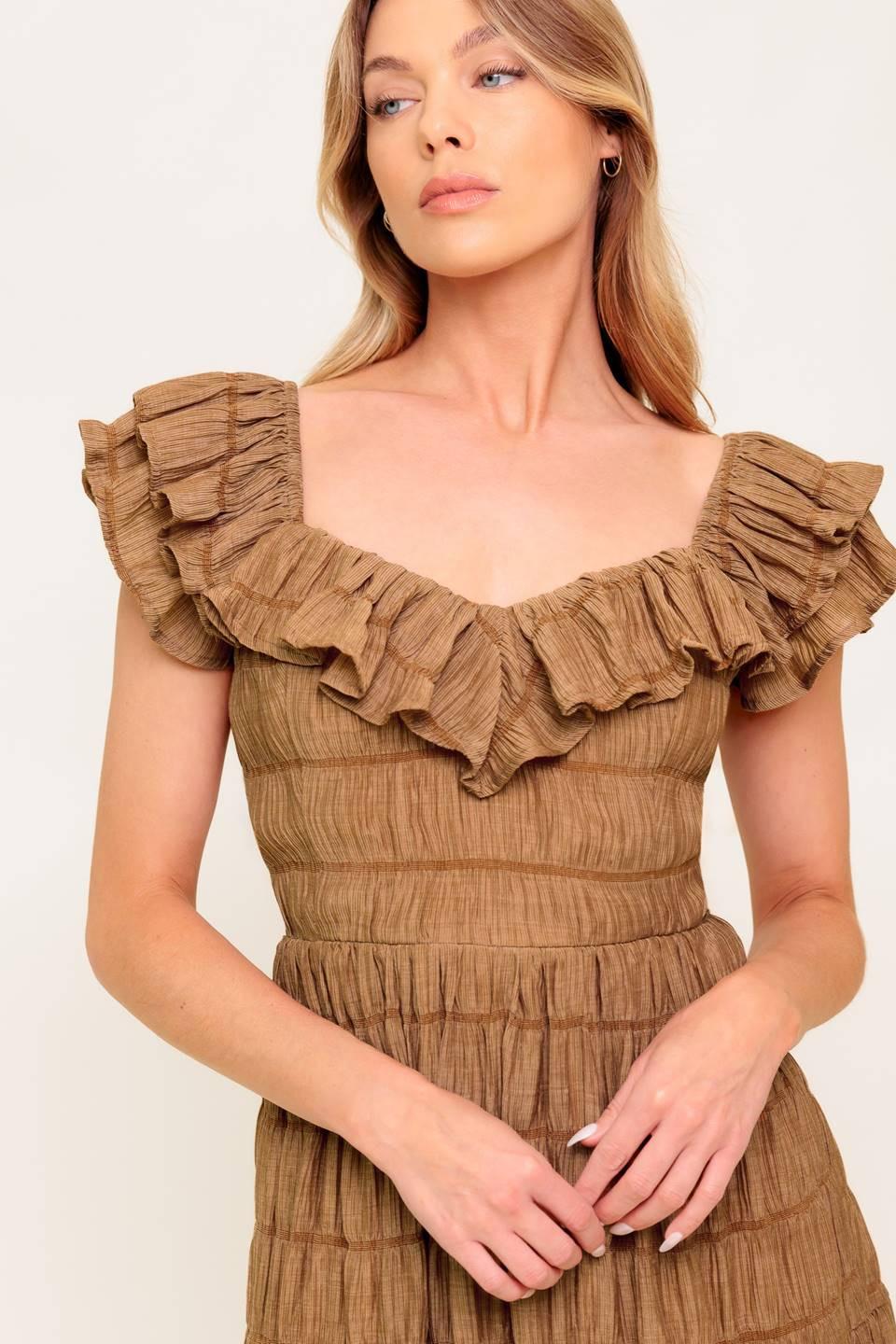 Natural Balance Woven Midi Dress in brown, view 5 — Soul Flow Apparel