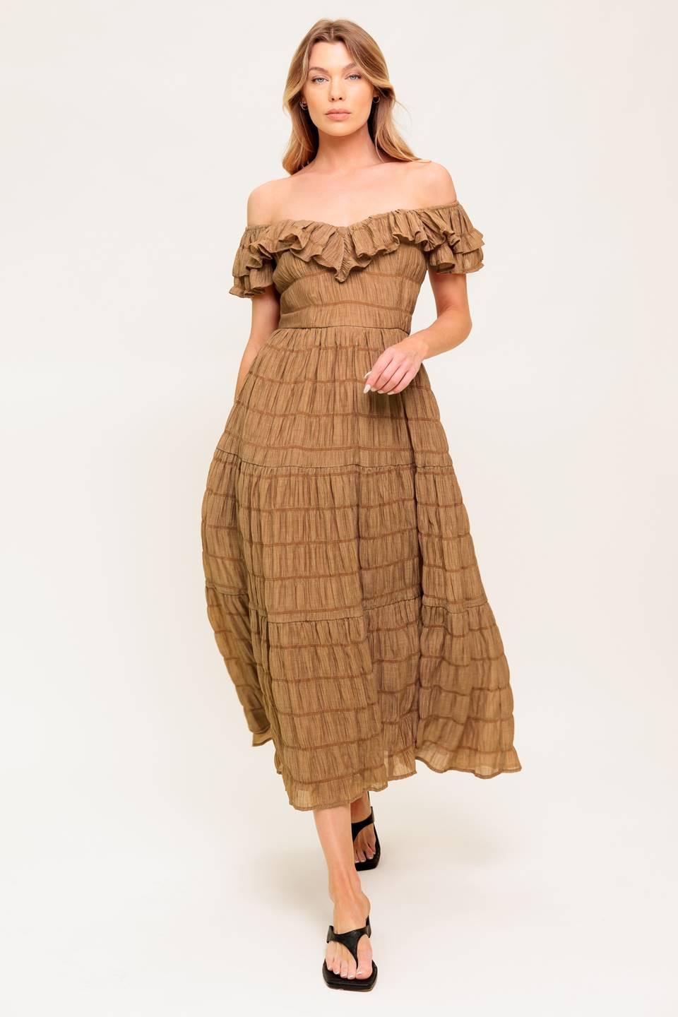 Natural Balance Woven Midi Dress in brown, view 6 — Soul Flow Apparel
