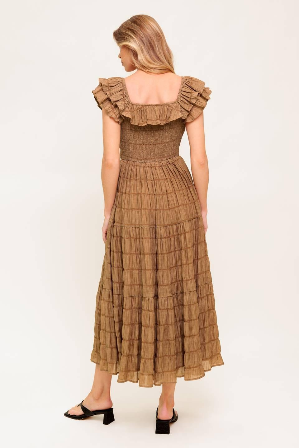 Natural Balance Woven Midi Dress in brown, view 7 — Soul Flow Apparel