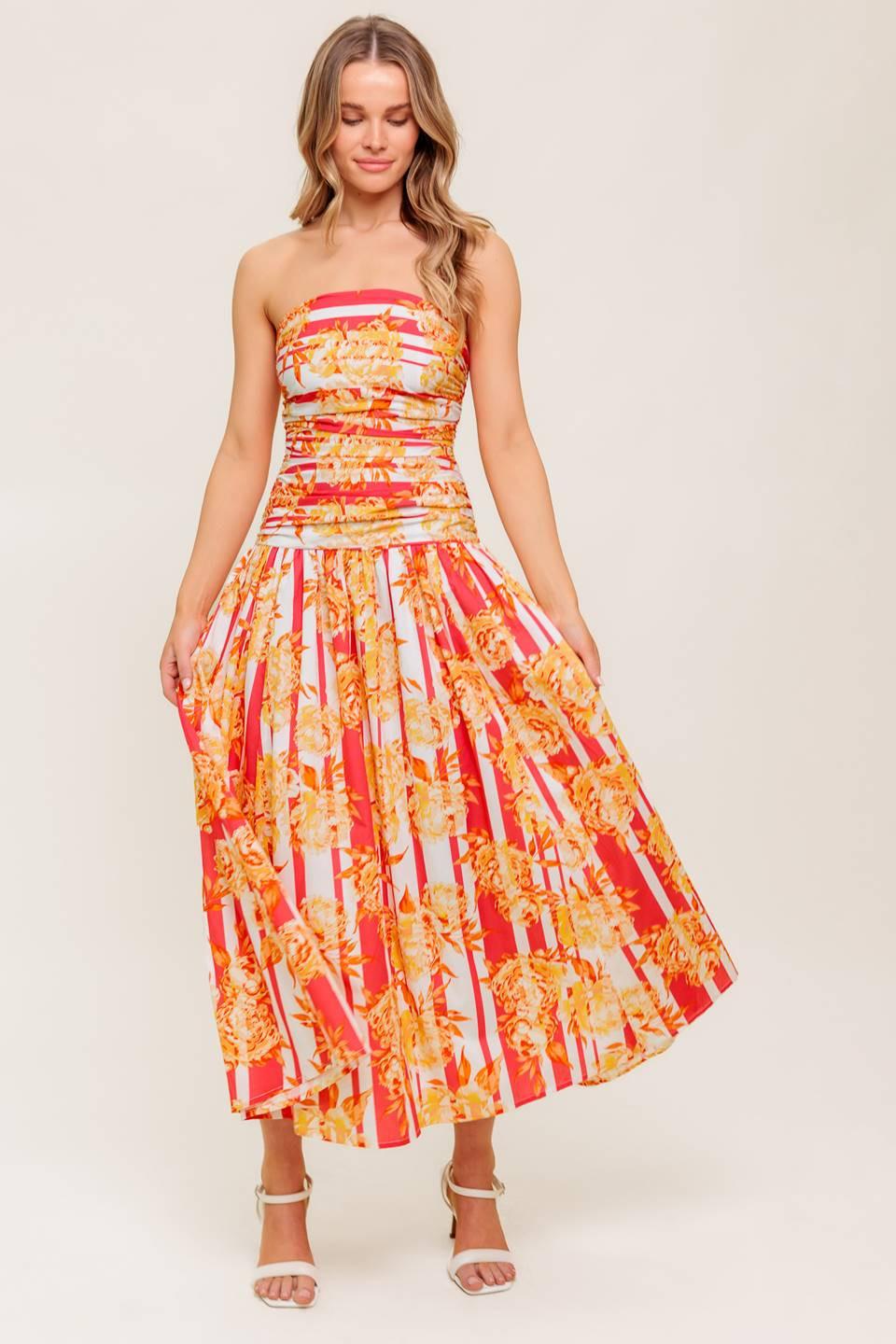 Peony Storm Dance Woven Midi Dress in strawberry, view 1 — Soul Flow Apparel