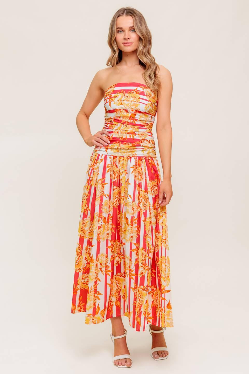 Peony Storm Dance Woven Midi Dress in strawberry, view 2 — Soul Flow Apparel