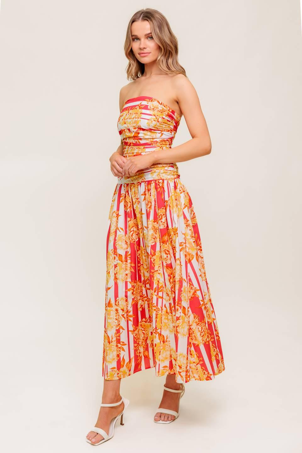 Peony Storm Dance Woven Midi Dress in strawberry, view 3 — Soul Flow Apparel