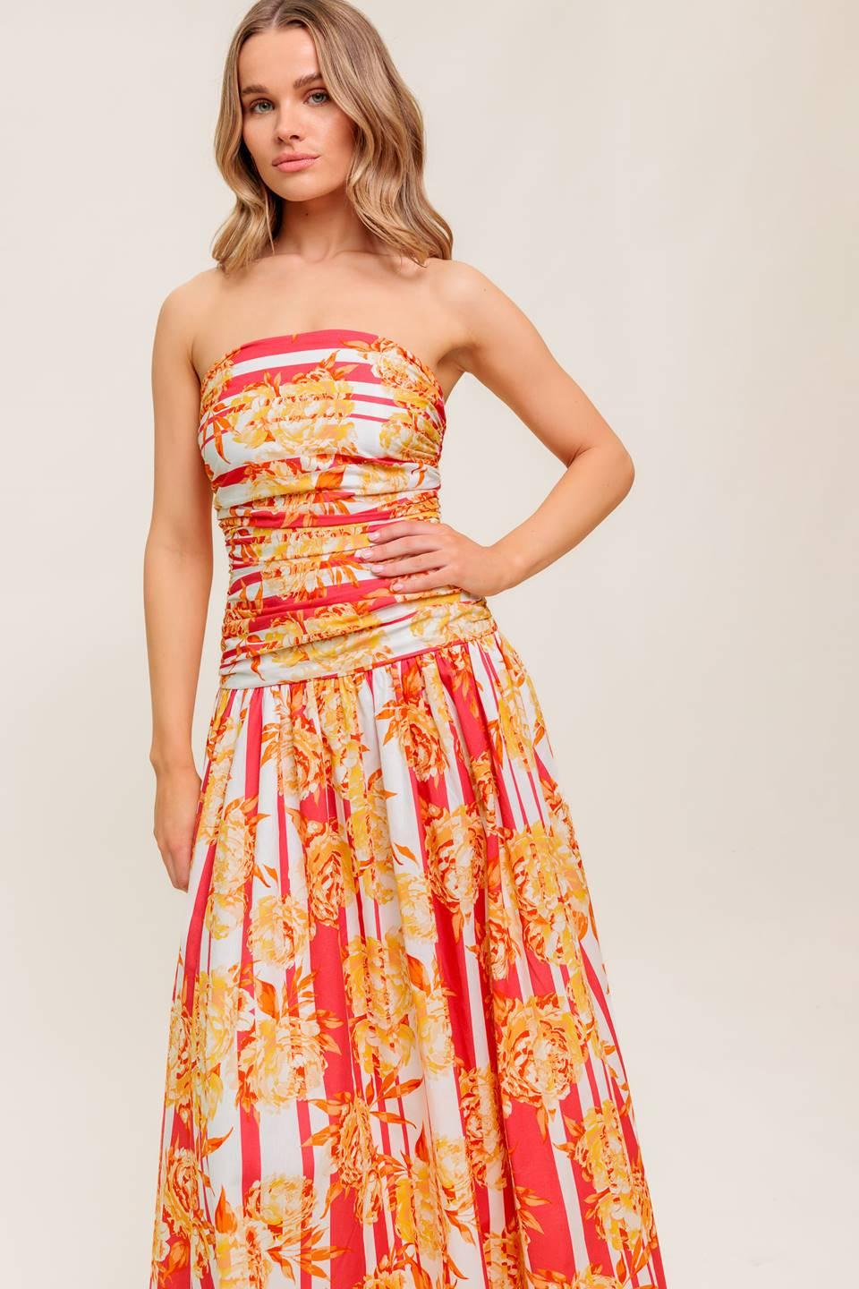Peony Storm Dance Woven Midi Dress in strawberry, view 4 — Soul Flow Apparel