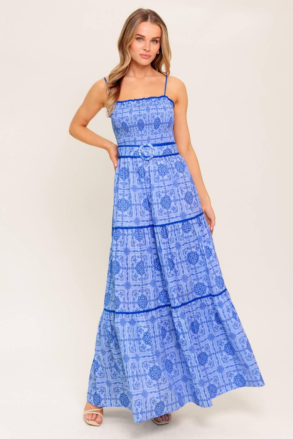 Waves and Whimsy Woven Maxi Dress in blue, view 1 — Soul Flow Apparel