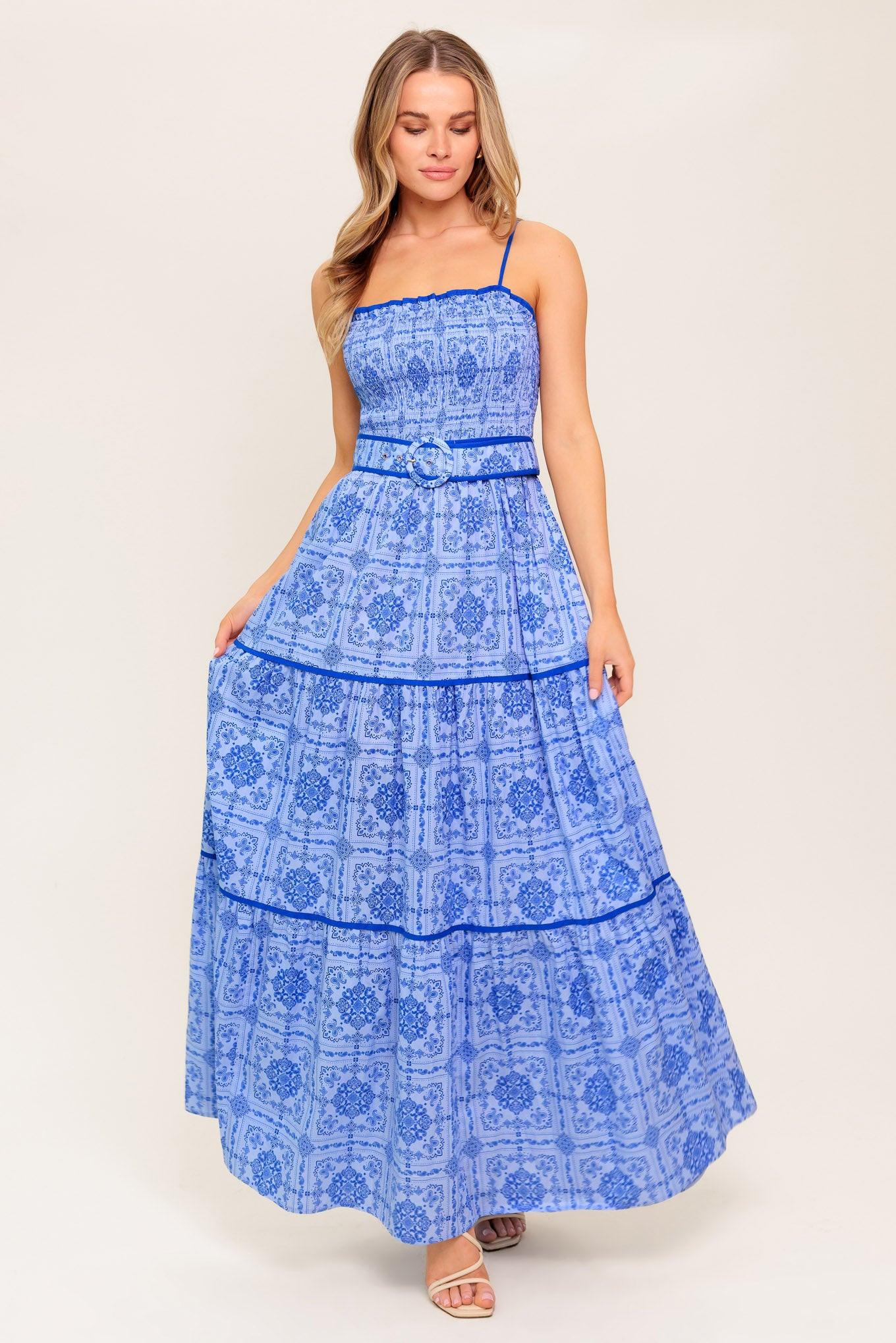 Waves and Whimsy Woven Maxi Dress in blue, view 2 — Soul Flow Apparel