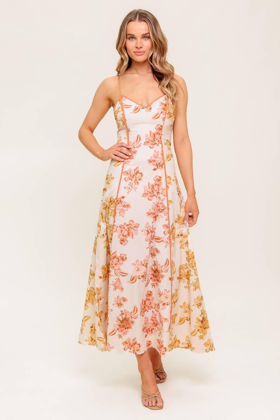 Sandstone Petal Woven Midi Dress in ivory mustard, view 1 — Soul Flow Apparel