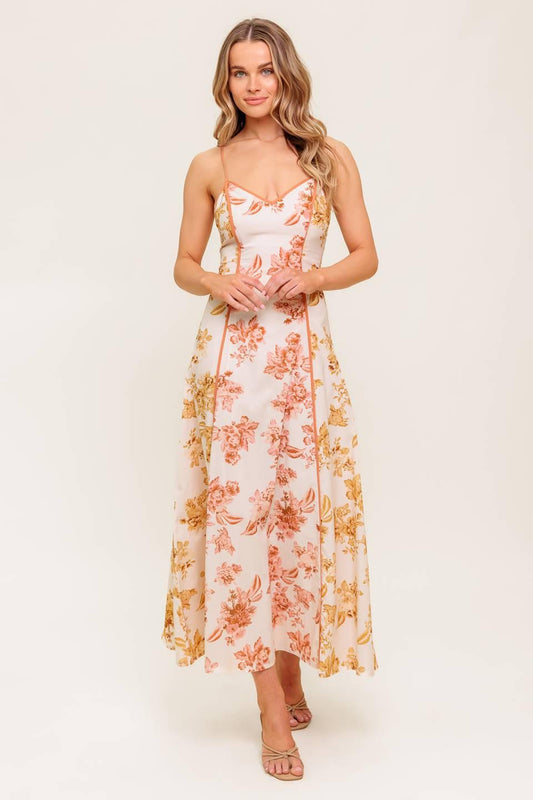 Sandstone Petal Woven Midi Dress in ivory mustard, view 2 — Soul Flow Apparel
