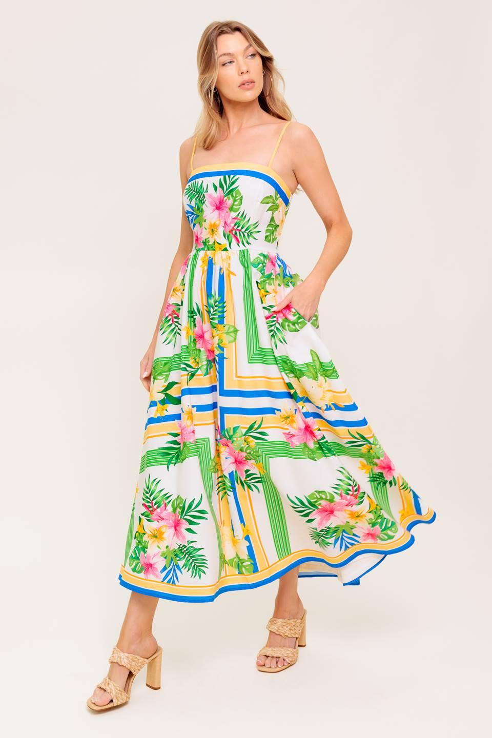 Floral Harmony Woven Midi Dress in ivory, view 3 — Soul Flow Apparel