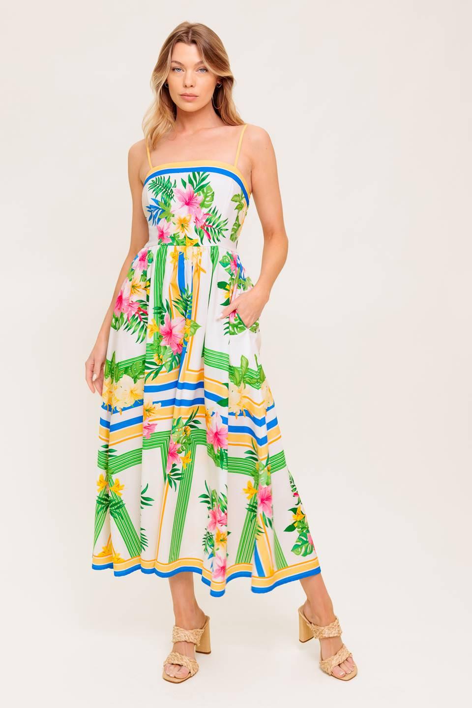 Floral Harmony Woven Midi Dress in ivory, view 4 — Soul Flow Apparel