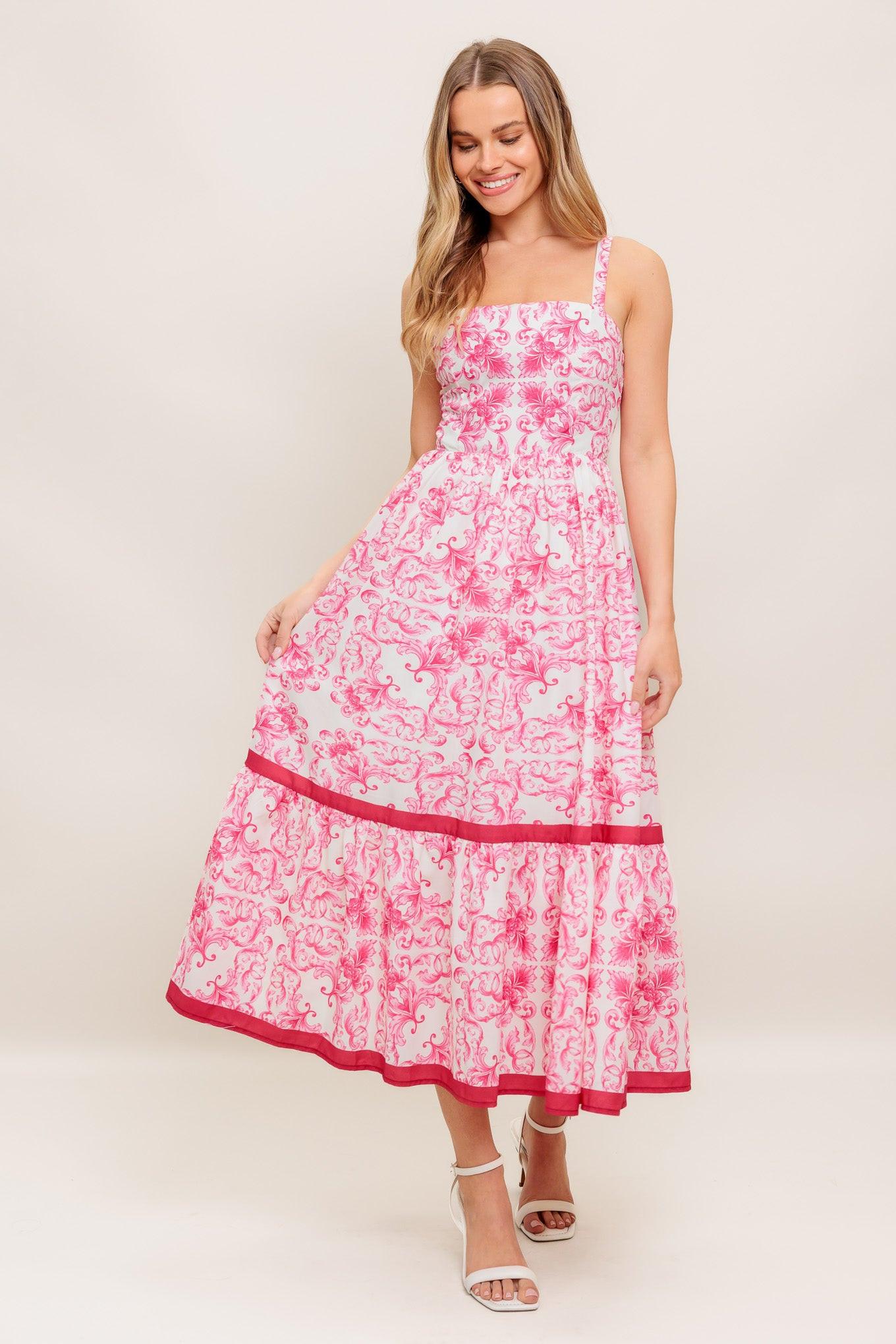 Rosé Garden Woven Midi Dress in ivory fuchsia, view 1 — Soul Flow Apparel