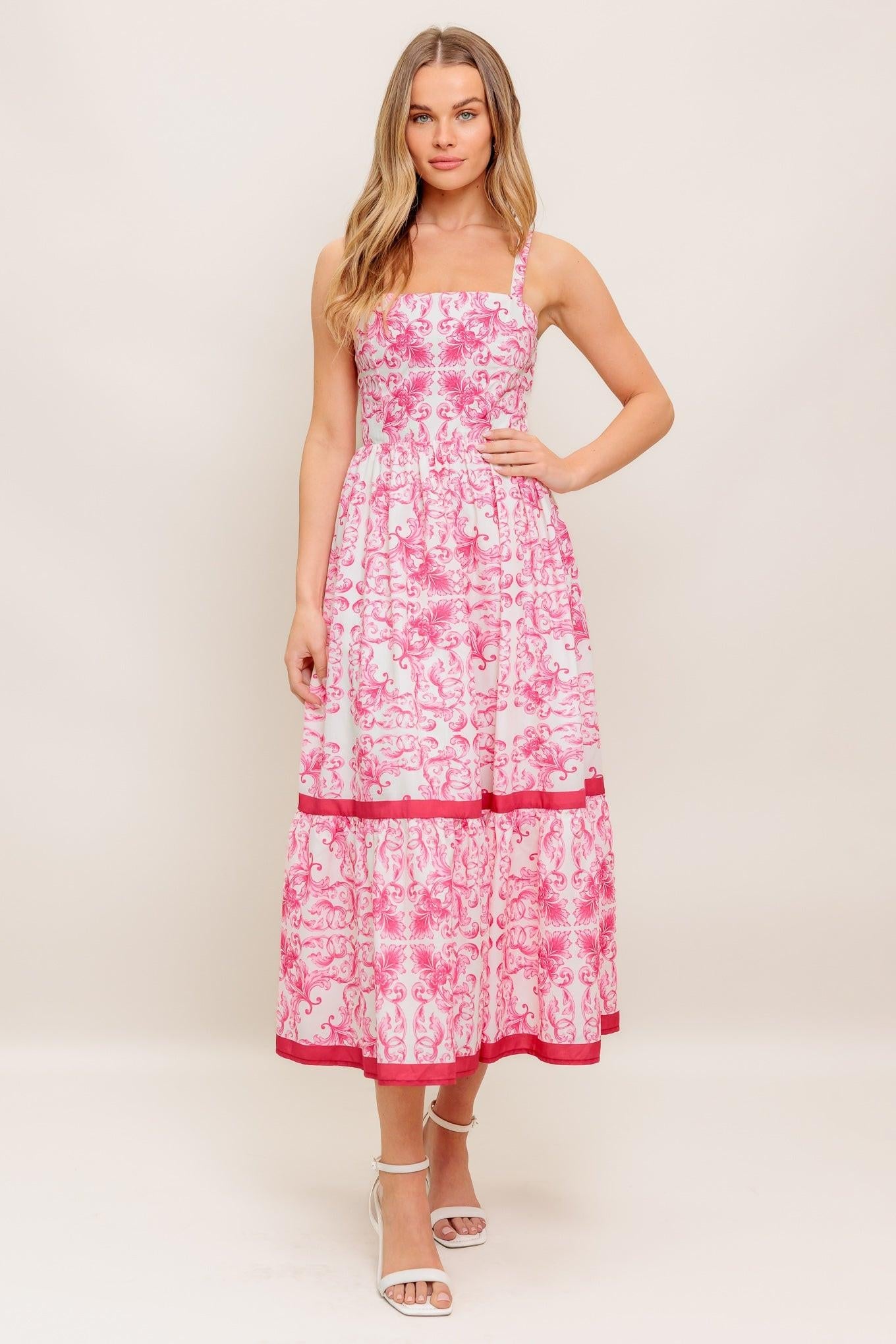 Rosé Garden Woven Midi Dress in ivory fuchsia, view 2 — Soul Flow Apparel