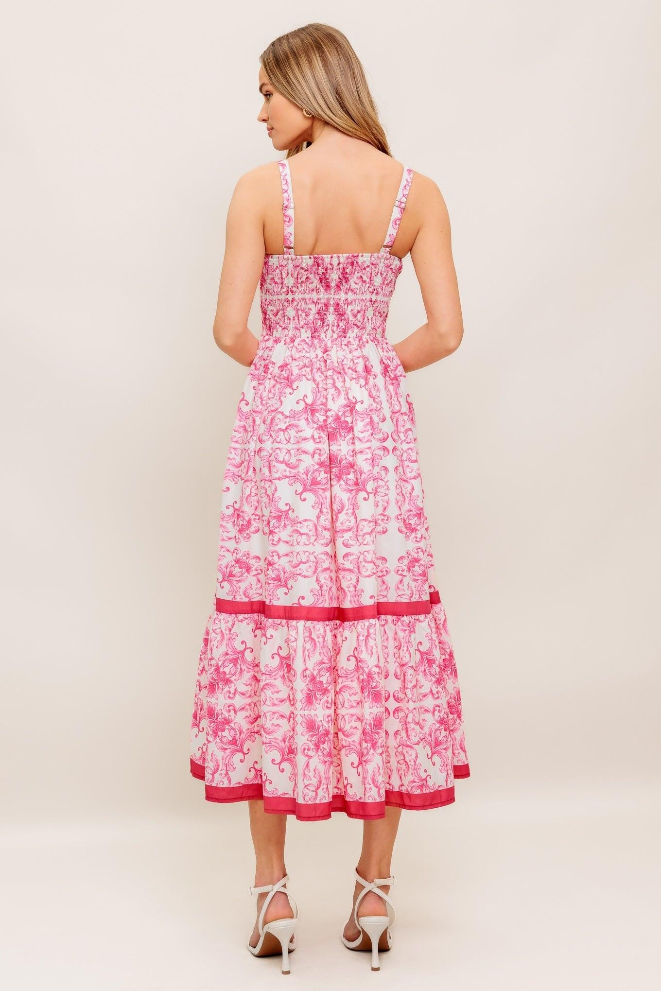 Rosé Garden Woven Midi Dress in ivory fuchsia, view 5 — Soul Flow Apparel