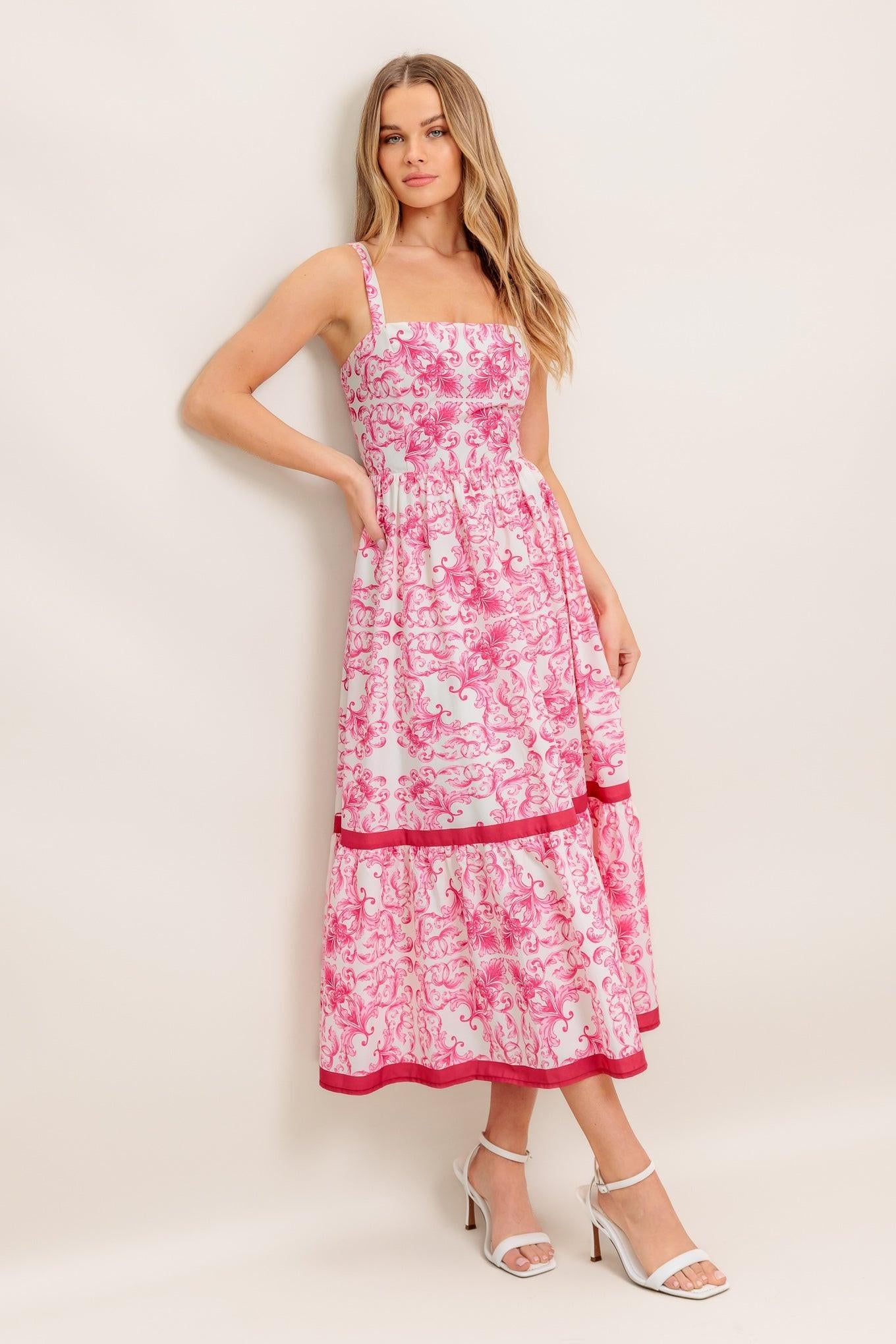 Rosé Garden Woven Midi Dress in ivory fuchsia, view 6 — Soul Flow Apparel