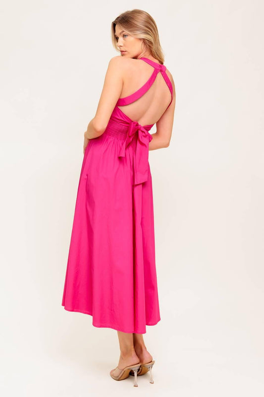 Peony Touch Fuchsia Woven Midi Dress, view 4 — Soul Flow Apparel