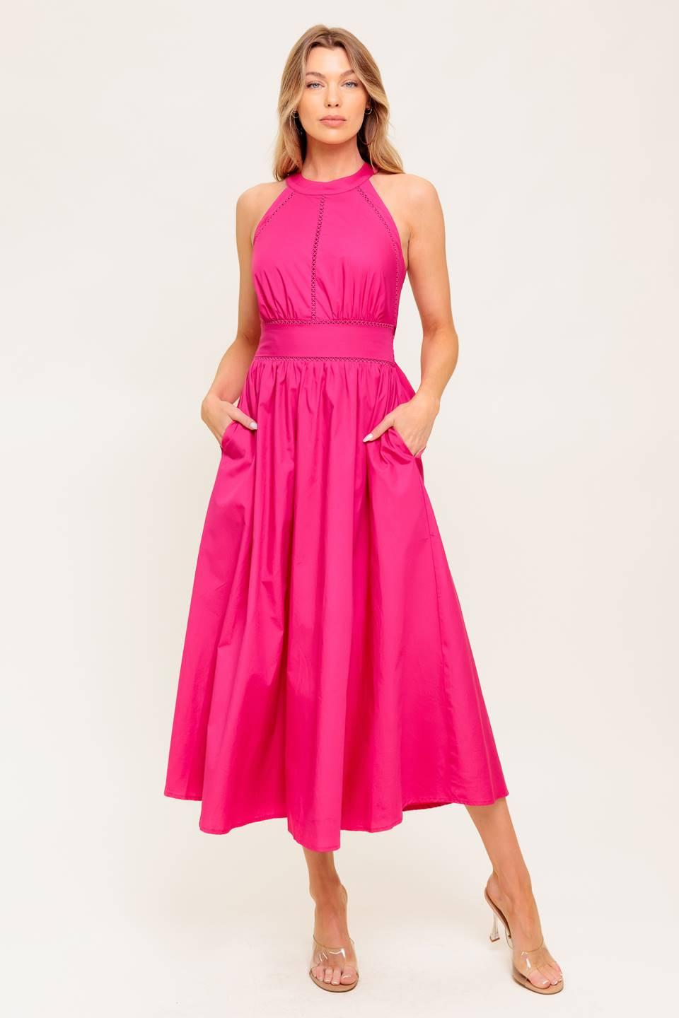 Peony Touch Fuchsia Woven Midi Dress, view 5 — Soul Flow Apparel