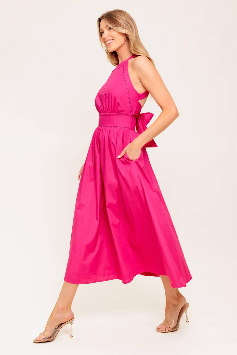 Peony Touch Fuchsia Woven Midi Dress, view 6 — Soul Flow Apparel